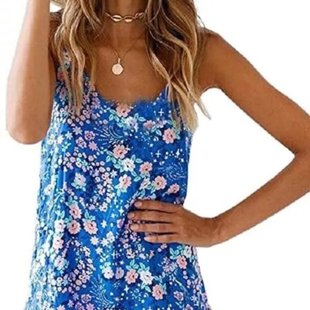 Qearal Floral Printed Dress Summer Sleeveless Adjustable Strap - M
